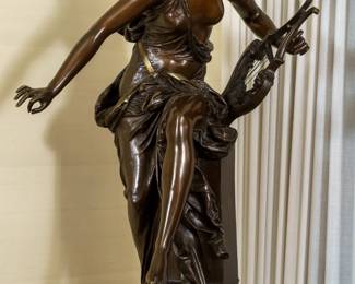 LOT 28 – French 19th c. Patinated Bronze, “Melodie” — by Albert-Ernest Carrier-Belleuse. French 19th c. patinated bronze, named “Melodie” on a marble base, holding a lyre, with beautiful features and body composition. 31.5” H x 20” W. Purchased at M.S. Rau Antiques, in New Orleans, in 2005.