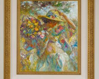 LOT 41 – Spanish 20th c. by famous painter, José Royo. An impasto impressionistic oil on canvas of a woman in a straw hat among vibrant colored flowers, in a giltwood and fabric frame, painted by the internationally known painter, Royo. Purchased in San Francisco.