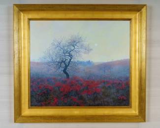 LOT 46 – American Painting, c. 2003, “Sumac”, by Timothy Barr. A Brandywine School acrylic on canvas of a lone stark tree above a field of red stunning sumac, in a gilt frame. Acquired from Somerville Manning Gallery, Greenville, Delaware.