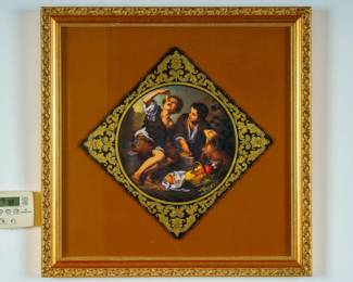 LOT 42 – Italian painting by Davide Salvadore, Murano (after Murillo). An Italian enamel painting on glass after Murillo's 'Il Dolce', within a gilt-decorated tondo border. Purchased in Murano, Italy.