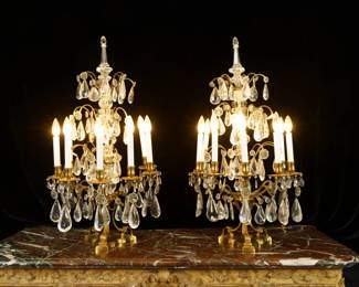LOT 20 – French 18th c. Rock Crystal Pair of Girandoles. A pair of girandoles hung with rock crystal drops and florets on gilt brass frames. Exquisite craftsmanship. Electrified in the early 20th century.