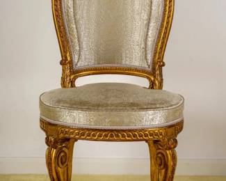 LOT 14 – French 19th c. Louis XVI Dining Chairs (in the style of 18th c. Georges Jacob); set of 6. A set of six giltwood dining chairs with balloon backs, carved seat rails and cabriole legs, in the style of Jacob. From James Grafstein Antiques.