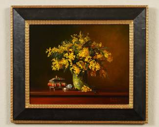 LOT 44 – French c.1999, Four Still Life Paintings by Jean Pierre Bédarrides, in the style of 18th c. Chardin. Four brilliant still life paintings in oil on canvas board, rich in beautiful tone and colors, in the manner of Chardin. Matching polished wood with giltwood frames. Acquired in San Francisco in 2007. Offered as a set of four.