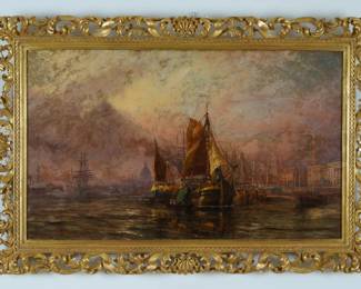 LOT 40 – English Painting, c. 1896, “Dutch Pinks on the Thames” by Claude T. Stanfield Moore. An 1896 oil on canvas depicting Dutch pinks under sail on the Thames, with shipping and the London skyline beyond, in a carved giltwood frame.