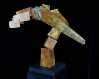 LOT 26 – Sculpture “Knight’s Gambit” by Bruce Beasley. The sculpture “Knight’s Gambit” by Bruce Beasley; this is in patinated bronze with cantilevered geometric forms, and is recorded as a personal gift from the artist. This piece (approximately 4 ft. W. × 3 ft. H.) is a smaller replica of the original, which is in the permanent collection of the Fine Arts Museums of San Francisco (cast bronze, 66 inches wide), called Knight’s Gambit II (1992).