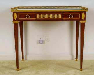 LOT 18 – French 18th c. Louis XV Style, Atelier Rinck End Table. A French 18 c. Louis XV style, Atelier Rinck end table, beautifully crafted in the fine wood veneer elegant tradition, with a brass gallery, ormolu mounts and tapering legs. Commissioned from Atelier Rinck in NYC in 2000.