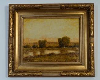 LOT 43 – Four Landscape Paintings by E.H. Klink, Santa Fe, New Mexico. Four tonalist landscape studies in oil on canvas board, each in a carved giltwood frame. Sold as a set of four. Purchased at artist’s Santa Fe shop.
