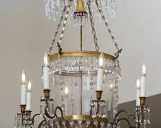 LOT 19 – Russian 18th c. Crystal Chandelier. A Russian 18th c. Neoclassical crystal chandelier with a frosted glass cylinder within a crystal-hung corona, with gilt brass arms issuing from a domed bowl. Truly exquisite crystal craftsmanship. Once hung in a Russian nobleman’s “Dacha” (country villa). Acquired at Sotheby's, NYC.