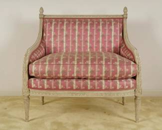 LOT 13 – French 18th c. Louis XVI Style Marquise Chairs, pair. A pair of marquise chairs in the French 18th c. Louis XVI style after originals by J.B.C. Sené, hand-carved and painted, with carved pinecone finials, acanthus-wrapped arm supports, and beautifully designed striped silk upholstery. Made by Frederick P. Victoria & Son, NYC.