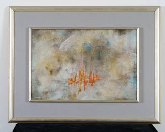 LOT 48 – Mexican oil painting, c. 1960, by famous painter, Leonardo Nierman. An abstract original oil on canvas painting in silver, ochre and flame red, with fabric and silver wooden frame, signed and dated “Nierman 60”. Purchased in NYC in 1965.