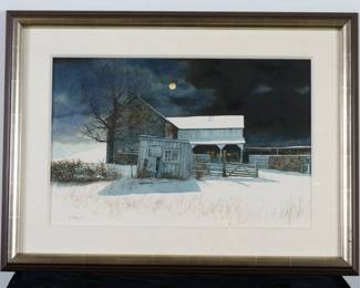 LOT 45 – American Watercolor, c. 2003, “Harbinger”, by Peter Sculthorpe. A Brandywine School watercolor of a stone farmstead under a glowing Winter moon. Acquired from Somerville Manning Gallery, Greenville, Delaware.