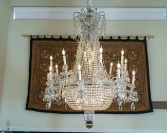 LOT 07 – French early 20th c. Baccarat-style Crystal Chandelier. A French early 20th c. large crystal chandelier in the Baccarat manner, approximately 6 by 4 feet with unusual crystal artistry. Prior residence: Hung in Batista Presidential Palace in Havana, (Palacio Presidencial, and today, the Museo de la Revolución), and acquired from the prior owner of the collectors’ NYC townhouse in 1998.