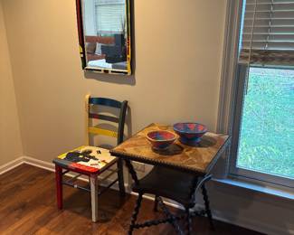 Antique parlor table, hand painted jazz theme chair and mirror 