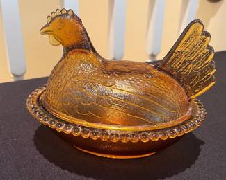 Indiana Glass Amber Gold Hen on Nest candy dish