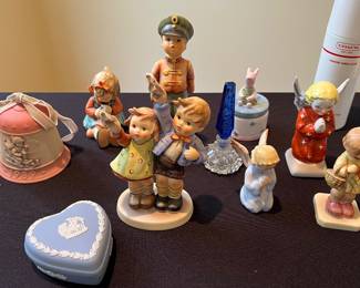 Hummel porcelain figurines, vintage blue/clear crystal perfume bottle, Wedgwood trinket boxes