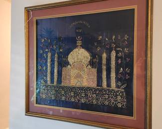 Vintage framed art with silk and jeweled embellishments