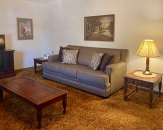 UPHOLSTERED SOFA, END TABLE, COFFEE TABLE, VINTAGE WOOD & BRASS LAMP