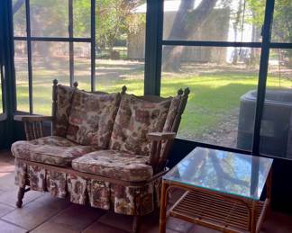 VINTAGE WOOD FRAME LOVE SEAT, MCM GLASS TOP BAMBOO END TABLE