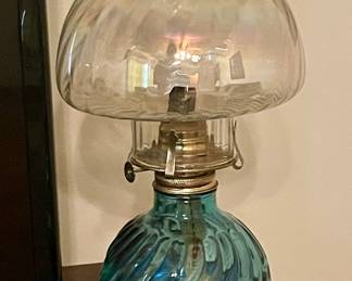 VINTAGE SWIRL PATTERN TEAL OIL LAMP
