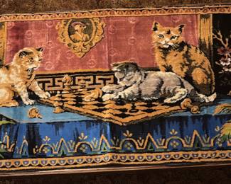 VINTAGE ITALIAN WOVEN VELVET TAPESTRY-CATS PLAYING A GAME OF CHESS