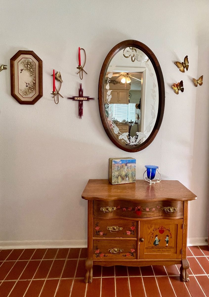 ANTIQUE DRESSER WITH PAINTED MOTIF, MCM BUTTERFLY WALL ART, MIRROR
