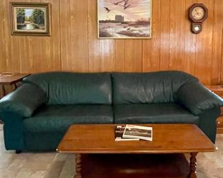 GREEN LEATHER COUCH, COFFEE TABLE