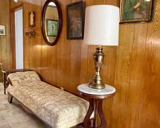 MARBLE-TOP ACCENT TABLE, BRASS LAMP, CHAISE LOUNGE