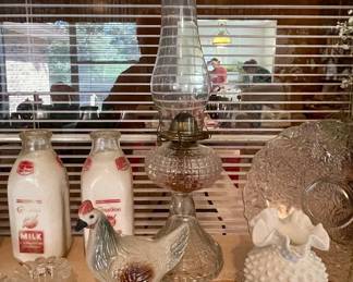 VINTAGE OIL LAMP, MILK BOTTLES, HOBNAIL MILK GLASS VASE