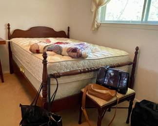 ANTIQUE BED AND MATTRESS, STOOL, PURSES