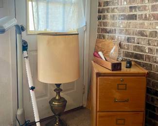 WOOD FILE CABINET, BRASS LAMP, MAGNIFYING LIGHT