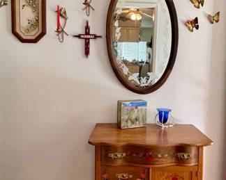 ANTIQUE DRESSER WITH PAINTED MOTIF, MCM BUTTERFLY WALL ART, MIRROR