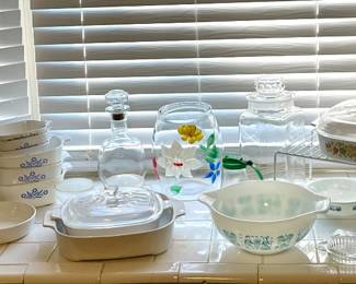 PYREX, CORNING WARE, VINTAGE MORTAR AND PESTLE