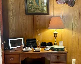 SMALL WOOD DESK, OLD RELIGIOUS PICTURE, LAMP