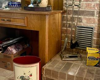 VINTAGE TRASH CAN, BRASS FIREPLACE TOOLS