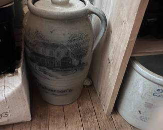 A salt glaze stoneware butter churn - Rowe Pottery. NOTE: one of the two - 2 gallon Redwing crocks on the right side of this pic. 