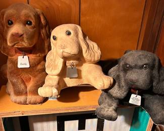  Three Sadicast dog coin banks. Brown dog from Bank of Burlinton (WI), tan dog coin bank from Wautosa St Bank & the black coin dog is Nekosha Port Edwards St Bank