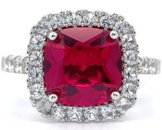 4 Carat Ruby & Pavé White Sapphire Cushion Halo Ring
