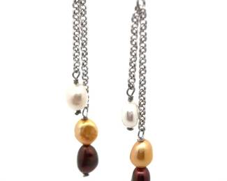 Cultured Pearl Double Fringe Chain Dangle Drop Earrings