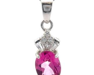 Oval Natural Pink Sapphire & Diamond Cluster Drop Pendant