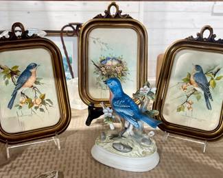 VINTAGE FRAMED BIRD PICTURES, GORHAM BIRD FIGURINE