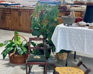 FAUX PLANTS, VINTAGE CHILDS CHAIRS WITH NEEDLEPOINT SEATS