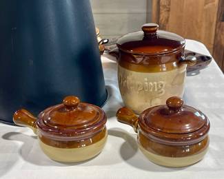 STONEWARE DRIPPING CANISTER, SOUP BOWLS
