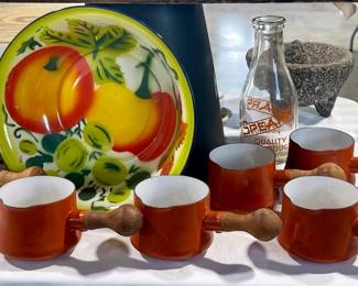 MCM DANSK ENAMEL BUTTER WARMERS, ENAMELWARE FRUIT BOWL