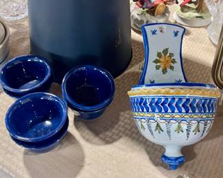 BLUE STONEWARE CUSTARD CUPS, HANDPAINTED ITALIAN WALL HANGING
