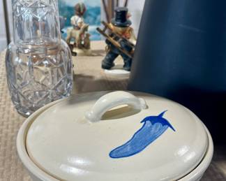 BLUE STONEWARE COVERED CASSEROLE WITH CHILI PEPPER MOTIF, CUT CRYSTAL CARAFE