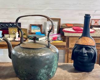 VINTAGE COPPER KETTLE, PERUVIAN LIQUOR DECANTER