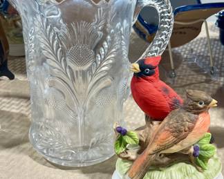 MOSSER GLASS THISTLE PITCHER, GORHAM BIRD FIGURE