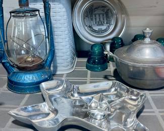 BLUE DIETZ MONARCH LANTERN, PEWTER TEXAS SHAPED SNACK SERVING DISH, PEWTER CASSEROLE DISH, INSULATORS, PEWTER DECATUR DECORATIVE WALL PLATE