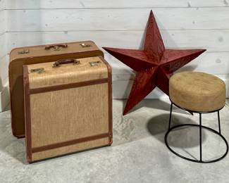 VINTAGE LUGGAGE, TUFTED OTTOMAN WITH METAL BASE, METAL RED STAR