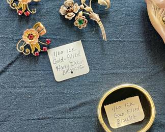 GOLD FILLED HARRY ISKIN BROOCHES, GOLD FILLED BANGLE BRACELET